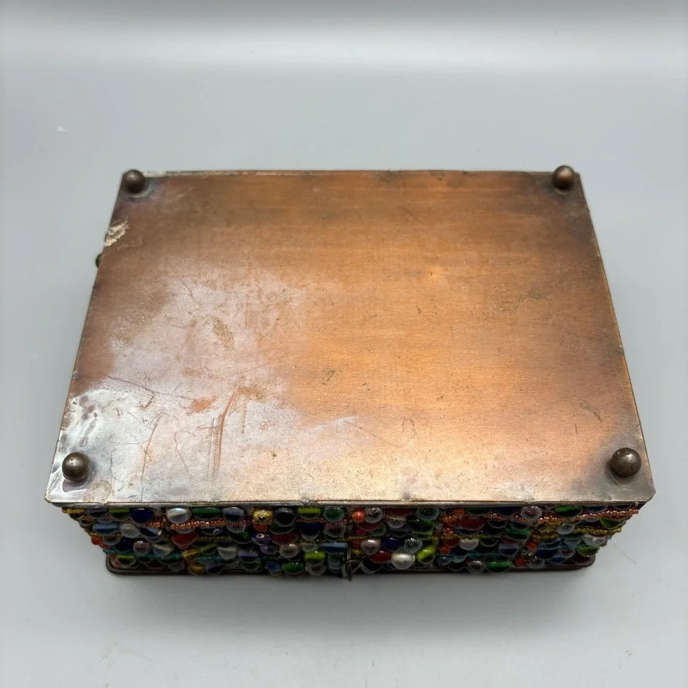 Vintage Glass Beaded Metal Jewelry‎ Box Copper Color Boho Retro